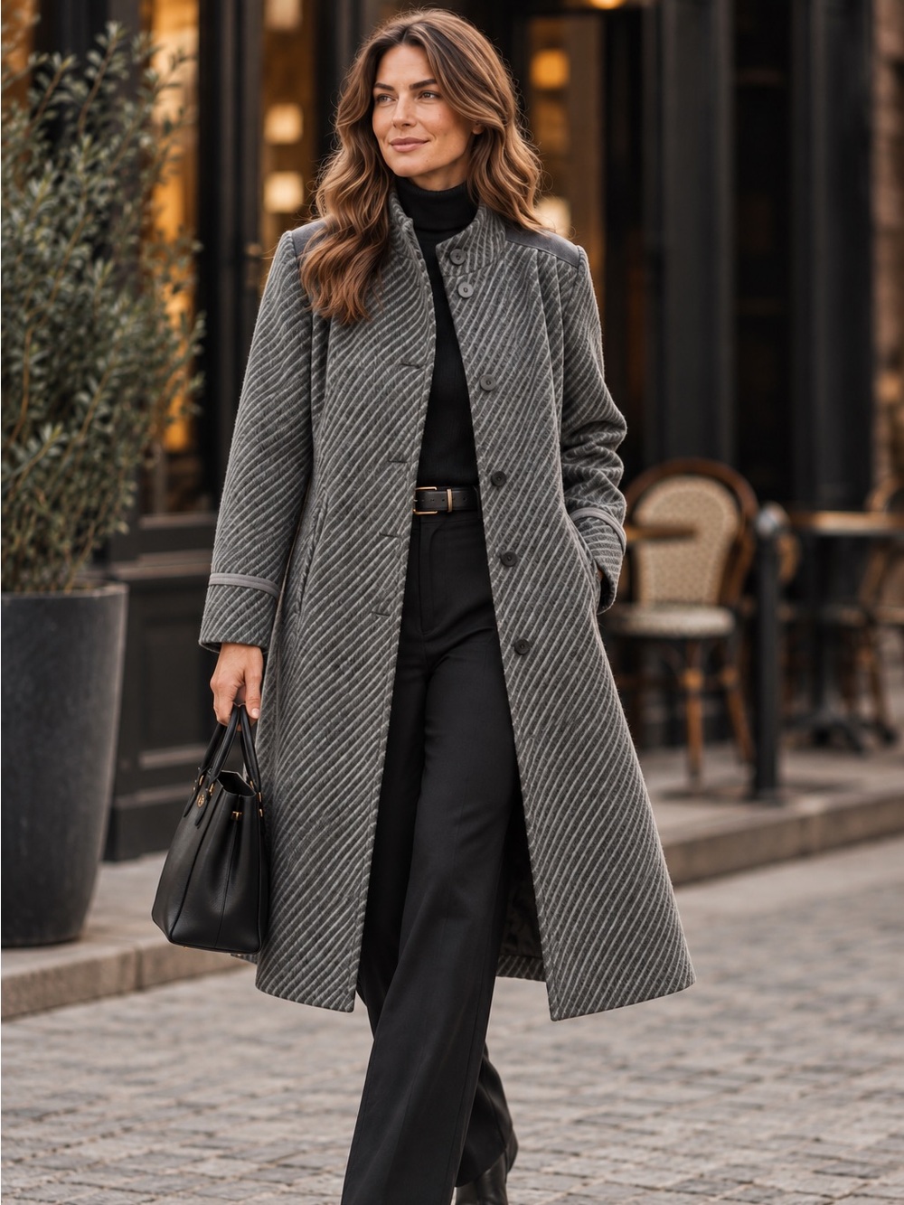 Vintage Creation Omni Wool Blend Longline Gray Diagonal Stripe High Collar Coat